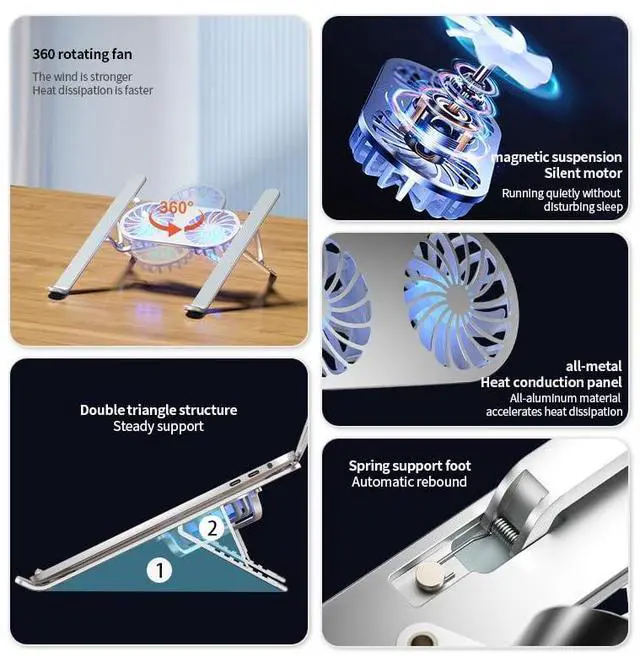 Alt view image 4 of 6 - Mayten Laptop Stand with Cooling Fans, Aluminum Foldable and Portable Laptop Holder for Desk, Ventilated Cooling Notebook Stand with Low-Noise Fans for All 10-17 Notebook Computer-with Light-Silver