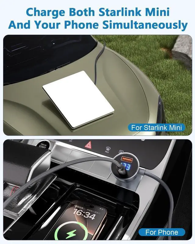 Alt view image 2 of 7 - Starlink Mini Cable Car Charger 10FT Starlink Mini Power Cable DC 12V 24V Cigarette Lighter Power Cord with Digital Display USB C PD 30W and USB A QC 3.0 30W Ports for Trucks and Cars