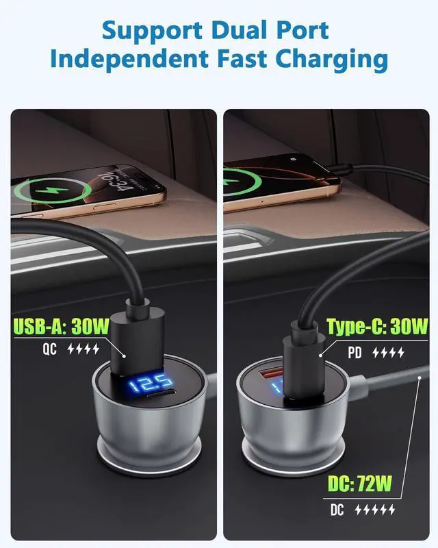 Alt view image 3 of 7 - Starlink Mini Cable Car Charger 10FT Starlink Mini Power Cable DC 12V 24V Cigarette Lighter Power Cord with Digital Display USB C PD 30W and USB A QC 3.0 30W Ports for Trucks and Cars
