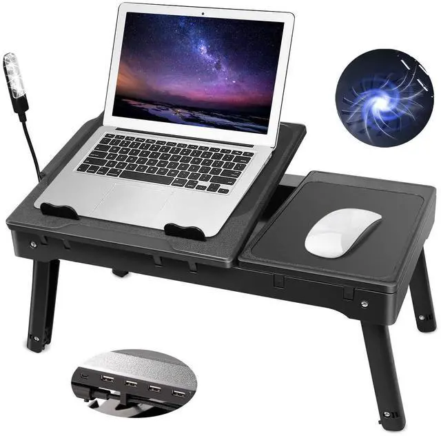 Main image of Moclever Laptop Bed Stand  Adjustable Laptop Table with Cooling Fan, Foldable Laptop Desk with USB Hub, LED Light & Storage  Multi-Functional Computer Tray for Bed, Sofa, Home, and Office