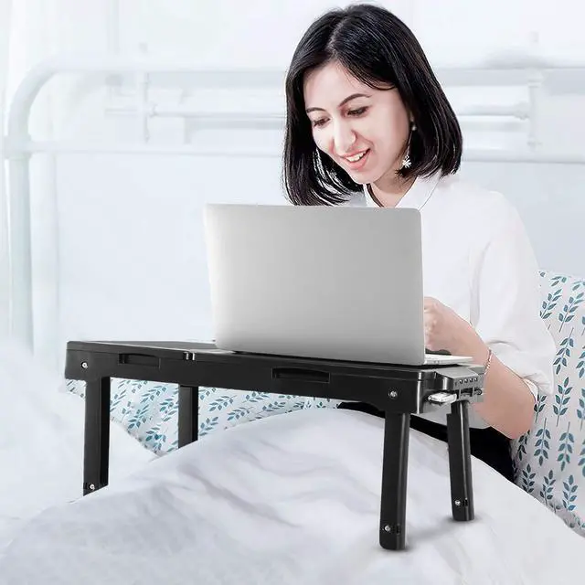 Alt view image 2 of 7 - Moclever Laptop Bed Stand  Adjustable Laptop Table with Cooling Fan, Foldable Laptop Desk with USB Hub, LED Light & Storage  Multi-Functional Computer Tray for Bed, Sofa, Home, and Office