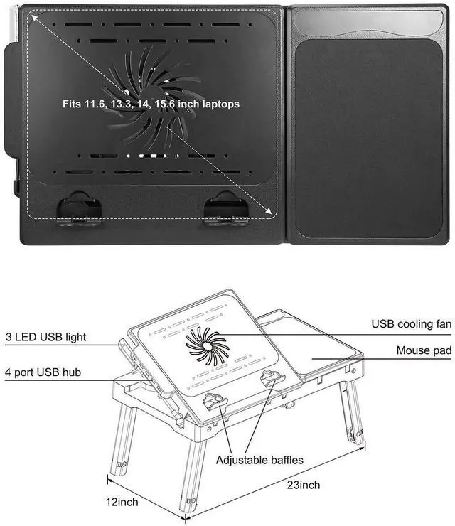 Alt view image 3 of 7 - Moclever Laptop Bed Stand  Adjustable Laptop Table with Cooling Fan, Foldable Laptop Desk with USB Hub, LED Light & Storage  Multi-Functional Computer Tray for Bed, Sofa, Home, and Office