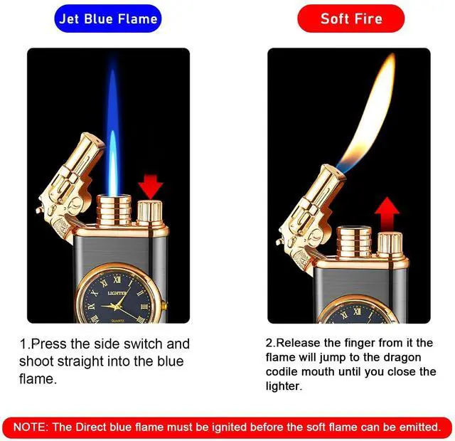 Alt view image 2 of 7 - Torch Lighter, Exquisite Relief Dual Flame - Windproof Adjustable Jet Flame and Soft Flame, Refillable Butane Lighter for Candle, BBQ, Kitchen, Camping (Without Butane)-Black G