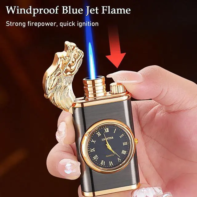 Alt view image 5 of 7 - Torch Lighter, Exquisite Relief Dual Flame - Windproof Adjustable Jet Flame and Soft Flame, Refillable Butane Lighter for Candle, BBQ, Kitchen, Camping (Without Butane)-Black G