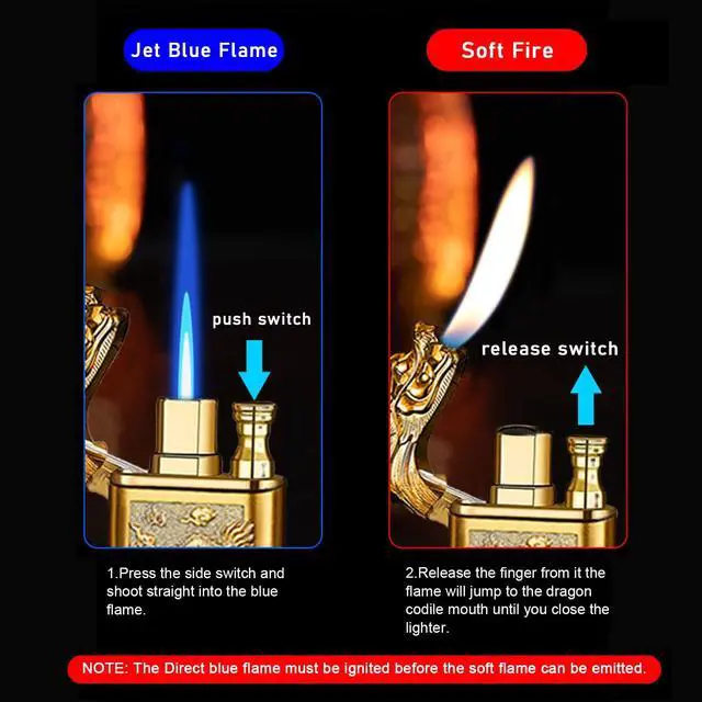 Alt view image 2 of 7 - Torch Lighter, Cool Relief Dragon Dual Flame - Windproof Adjustable Jet Flame and Soft Flame, Refillable Butane Lighter for Gift, Candle, BBQ, Kitchen, Camping (Without Butane)-Black