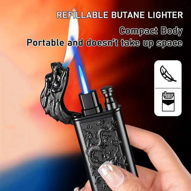 Alt view image 5 of 7 - Torch Lighter, Cool Relief Dragon Dual Flame - Windproof Adjustable Jet Flame and Soft Flame, Refillable Butane Lighter for Gift, Candle, BBQ, Kitchen, Camping (Without Butane)-Black