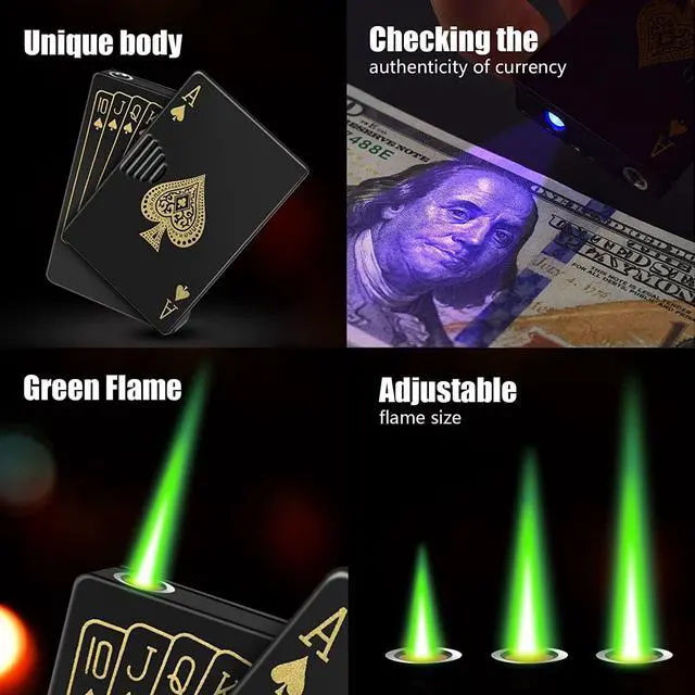 Alt view image 3 of 7 - Jet Torch Lighter, 2 Pack, Green+Red Flame Ace Card Lighter, Cool Lighter Windproof Poker Design, Refillable Butane, for Outdoor, Indoor, Camping, BBQ, Candle, Birthday, Gift (Without Gas)