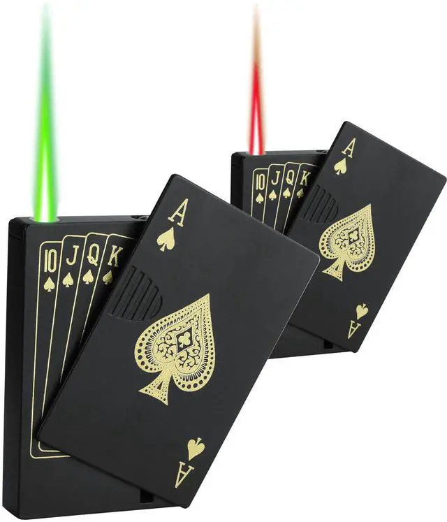 Main image of Jet Torch Lighter, 2 Pack, Green+Red Flame Ace Card Lighter, Cool Lighter Windproof Poker Design, Refillable Butane, for Outdoor, Indoor, Camping, BBQ, Candle, Birthday, Gift (Without Gas)