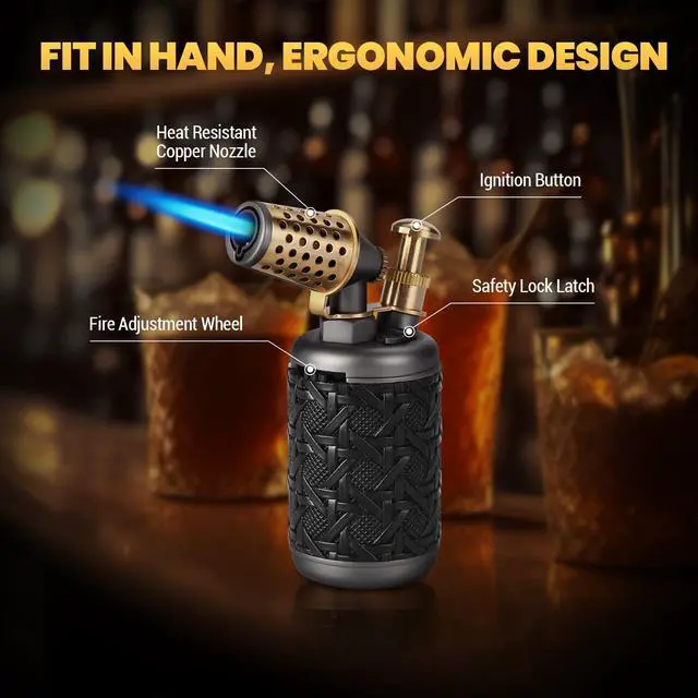 Alt view image 2 of 7 - Butane Torch Lighter, Adjustable Refillable Torch Lighters with Safety Lock, Windproof Butane Torch, Antique Lighters with Punch, Blue Jet Flame Cooking Torch for Kitchen/BBQ/Candle/Camping (No Gas)