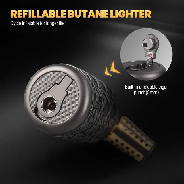 Alt view image 4 of 7 - Butane Torch Lighter, Adjustable Refillable Torch Lighters with Safety Lock, Windproof Butane Torch, Antique Lighters with Punch, Blue Jet Flame Cooking Torch for Kitchen/BBQ/Candle/Camping (No Gas)