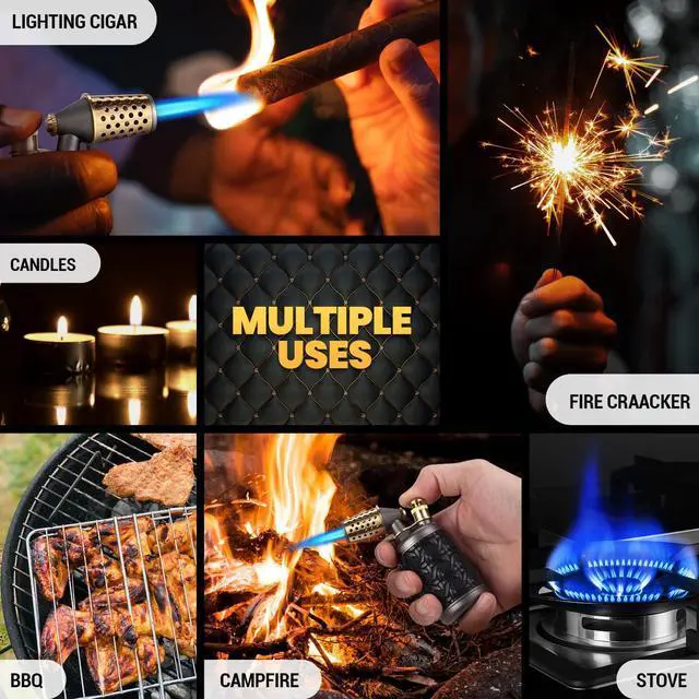 Alt view image 7 of 7 - Butane Torch Lighter, Adjustable Refillable Torch Lighters with Safety Lock, Windproof Butane Torch, Antique Lighters with Punch, Blue Jet Flame Cooking Torch for Kitchen/BBQ/Candle/Camping (No Gas)