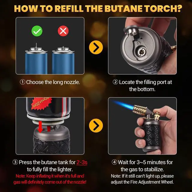 Alt view image 6 of 7 - Butane Torch Lighter, Adjustable Refillable Torch Lighters with Safety Lock, Windproof Butane Torch, Antique Lighters with Punch, Blue Jet Flame Cooking Torch for Kitchen/BBQ/Candle/Camping (No Gas)