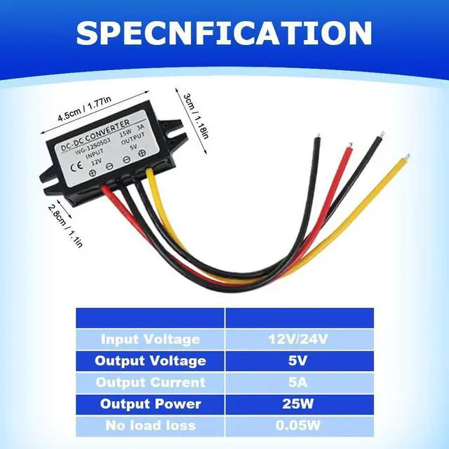 Alt view image 5 of 6 - 2Pcs 12/24V to 5V 5A 25W DC-DC Step Down Converter, Power Supply Adapter Compatible with Solar Panel, Waterproof Voltage Regulator Car Charging Transformation