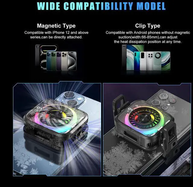Alt view image 3 of 7 - Magnetic Cell Phone Cooler with Clip, Semiconductor Mobile Phone Cooling Fan Radiator Type-C Wired with Temperature Display, Compatible with iPhone/Android/Tablet/IPad for Gaming, Live Streaming