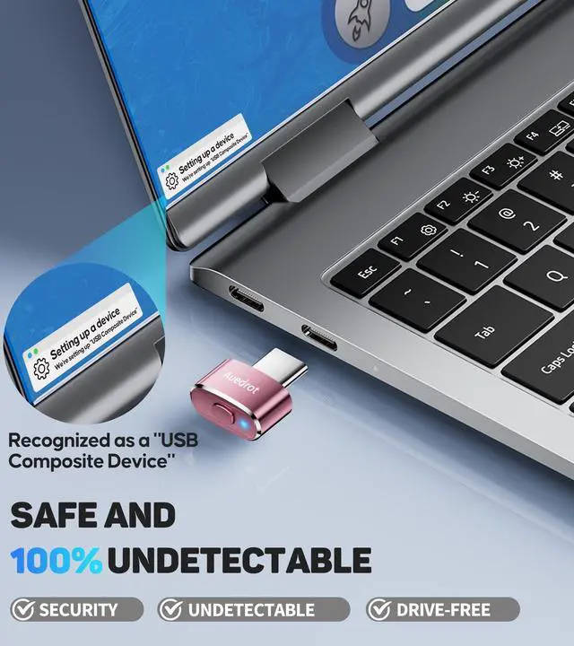 Alt view image 3 of 7 - AUEDROT Mouse Jiggler Undetectable USB-C Mouse Mover with Switch Button, Automatic Type-C Wiggler with 2 Jiggle Modes, Plug & Play, Keep Computer/Laptop Awake, Rose Gold