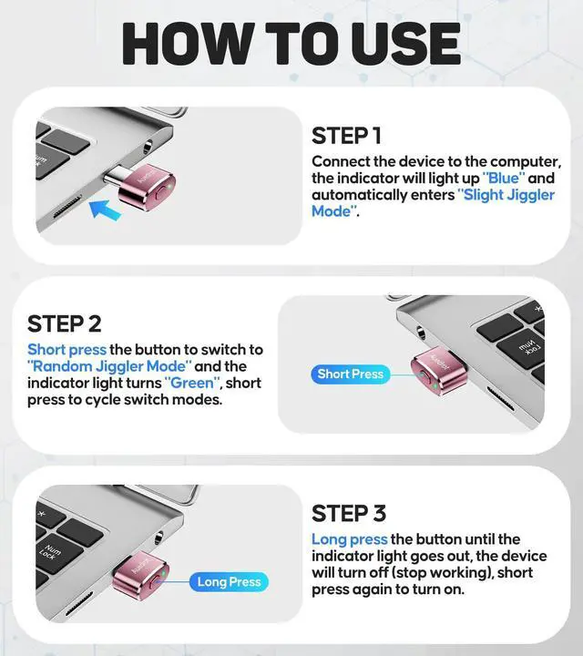 Alt view image 4 of 7 - AUEDROT Mouse Jiggler Undetectable USB-C Mouse Mover with Switch Button, Automatic Type-C Wiggler with 2 Jiggle Modes, Plug & Play, Keep Computer/Laptop Awake, Rose Gold