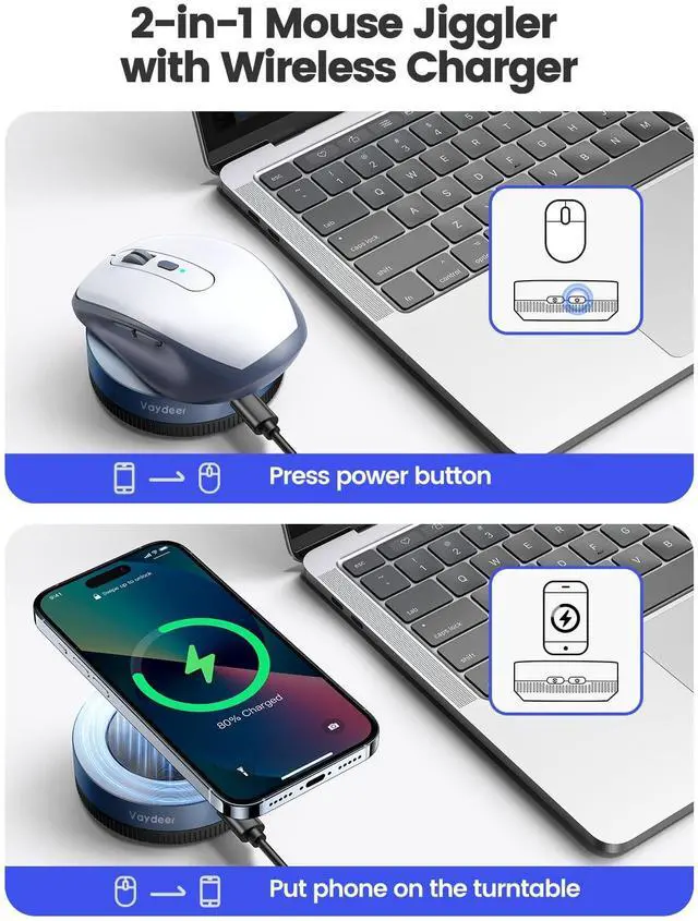 Alt view image 3 of 7 - Vaydeer Multiple Mouse Mover, W1 Mouse jigglerWireless Charger 2-in-1, Undetectable Shaker Wiggler Device, Automatic Phone Charging Pad, Quiet Mice Giggler Juggler to Keep PC Active