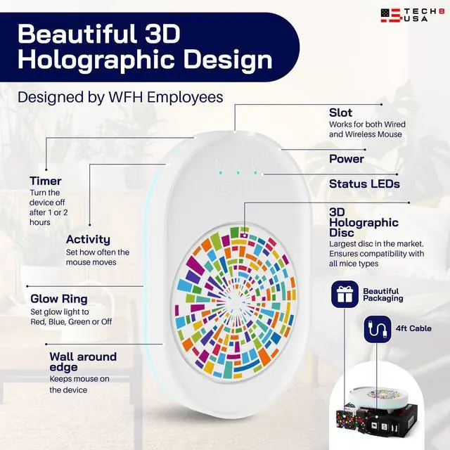 Alt view image 2 of 7 - TECH8 USA Mouse Mover Device, Undetectable Mouse Jiggler for Laptops, PC, No Software, Random Movement, Patented, Designed, Engineered, Packaged in USA - 3D Hologram Glass