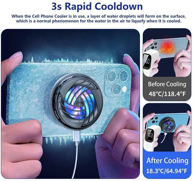 Alt view image 4 of 7 - PEPPER JOBS Cell Phone Fan Magnetic Cooler, Cooling Fan with Magnetic Plates LED Display RGB Lights and Instant Cooling System Without Noise for iPhone 11 12 13 14 Series/Android/Tablet/iPad-Black