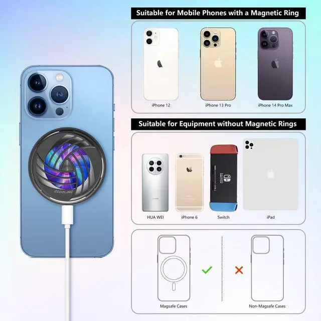 Alt view image 5 of 7 - PEPPER JOBS Cell Phone Fan Magnetic Cooler, Cooling Fan with Magnetic Plates LED Display RGB Lights and Instant Cooling System Without Noise for iPhone 11 12 13 14 Series/Android/Tablet/iPad-Black