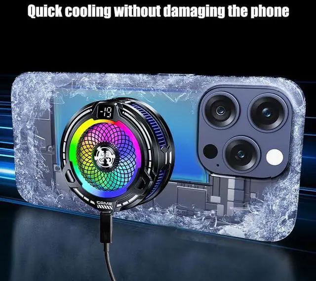 Alt view image 4 of 7 - CEIEOE Magnetic Phone Cooler USB Phone Cooling Fan for Gaming Portable with Smart Temp Control and RGB Light Lightweight Phone Radiator with Larger Cooling Area for Phone/Tablet/IPad (Black)