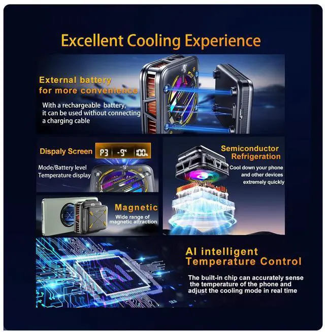 Alt view image 3 of 7 - Magnetic Phone Cooler with Battery,Rechargeable Wireless Cooling Fan for iPhone/iPad,Phone Cooling Case Radiator Heatsink with RGB LED for iPhone MagSafe Series/Samsung/Android