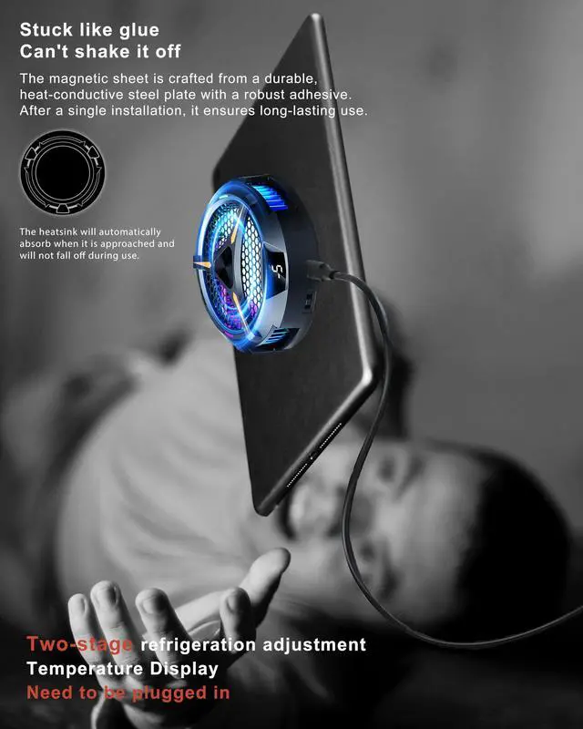 Alt view image 2 of 7 - YANISM iPad Cooler,Magnetic Tablet Cooler for ipad/Surface pro/Samsung Tab/Steam Deck,Ipad Cooling Fan with Temperature Monitor LED Gaming Light for Mobile Gaming,Tiktok Live Streaming, Black