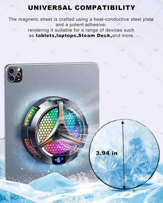 Alt view image 4 of 7 - YANISM iPad Cooler,Magnetic Tablet Cooler for ipad/Surface pro/Samsung Tab/Steam Deck,Ipad Cooling Fan with Temperature Monitor LED Gaming Light for Mobile Gaming,Tiktok Live Streaming, Black