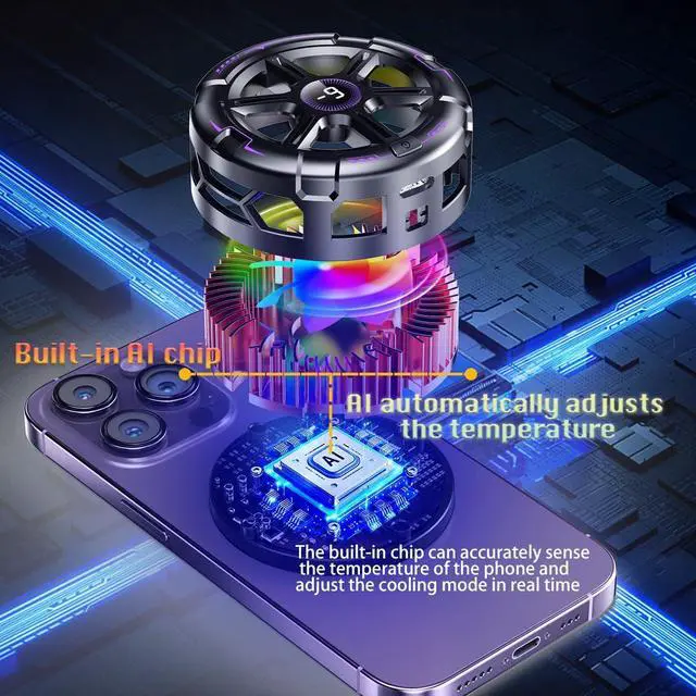 Alt view image 2 of 7 - Cell Phone Cooler for Gaming,Phone Cooling Fan Cooler for iPhone/iPad to Keep Phone Cool,Magnetic Phone Cooling Case Radiator with RGB LED Heatsink for iPhone MagSafe Series/Samsung/Android (Type A)