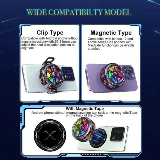 Alt view image 6 of 7 - Cell Phone Cooler for Gaming,Phone Cooling Fan Cooler for iPhone/iPad to Keep Phone Cool,Magnetic Phone Cooling Case Radiator with RGB LED Heatsink for iPhone MagSafe Series/Samsung/Android (Type A)