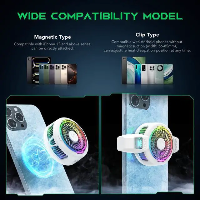 Alt view image 3 of 7 - FunCooler 5 Magnetic Cell Phone Cooler for Gaming, Portable Mobile Phone Cooling Fan with RGB Light, Cellphone Radiator for iPhone Magnetic Series/Android/Tablet/iPad (White)