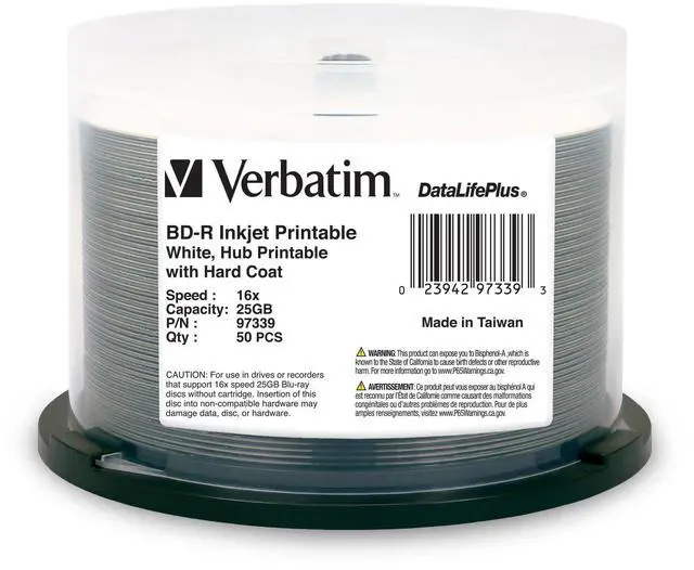 Main image of Verbatim BD-R 25GB 16X Blu-ray Recordable Media Disc DataLifePlus White Inkjet Hub Printable - 50pk Spindle - 97339