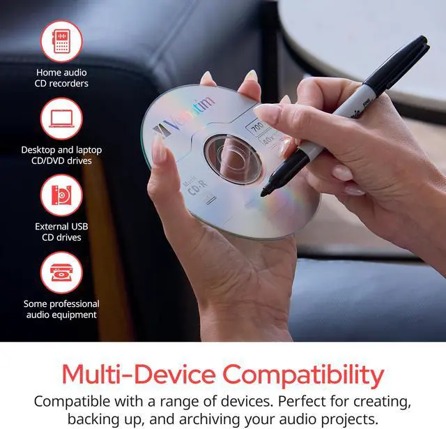 Alt view image 5 of 6 - Verbatim Music CD-R 40X 80 Minute 700 MB Blank Recordable Audio Discs 25pk Spindle