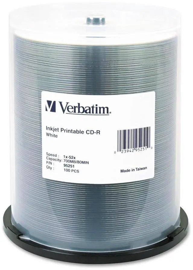 Main image of Verbatim CD-R 700MB 52X White Inkjet Printable Recordable Media Disc - 100pk Spindle