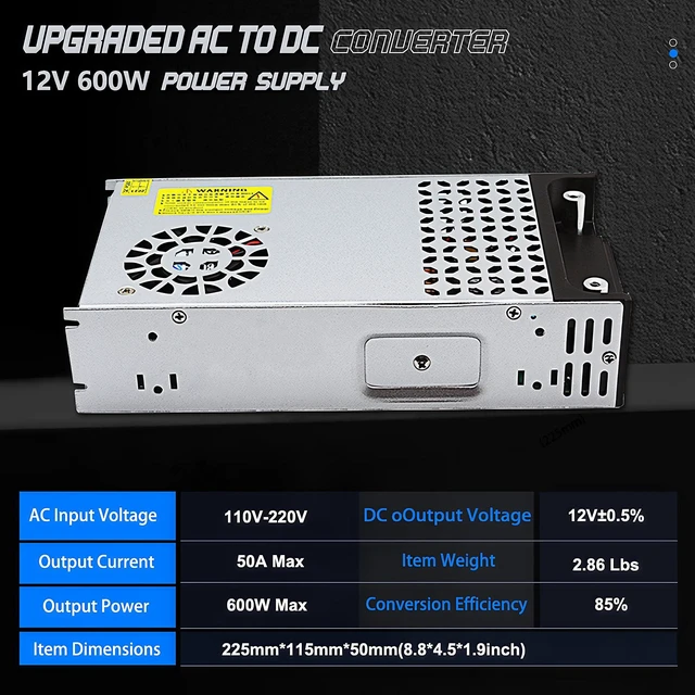 Alt view image 2 of 7 - 120V AC to 12V DC Converter,110V to 12V 50A 600W Power Supply 110V/120V AC Input to 12V DC Output, Switching Power Supply for Industrial Equipment, DIY and Electronic Applications