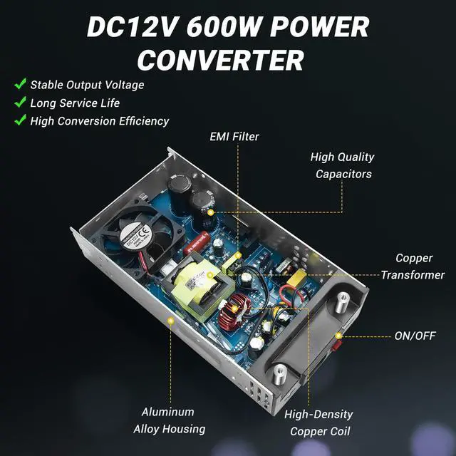 Alt view image 4 of 7 - New Version Converter, 110V AC to 12V DC Converter Power Supply 12V 600W 50A DC Switch Transformer for RV,Pump,LED Strip, LCD Monitor (12V 600W)