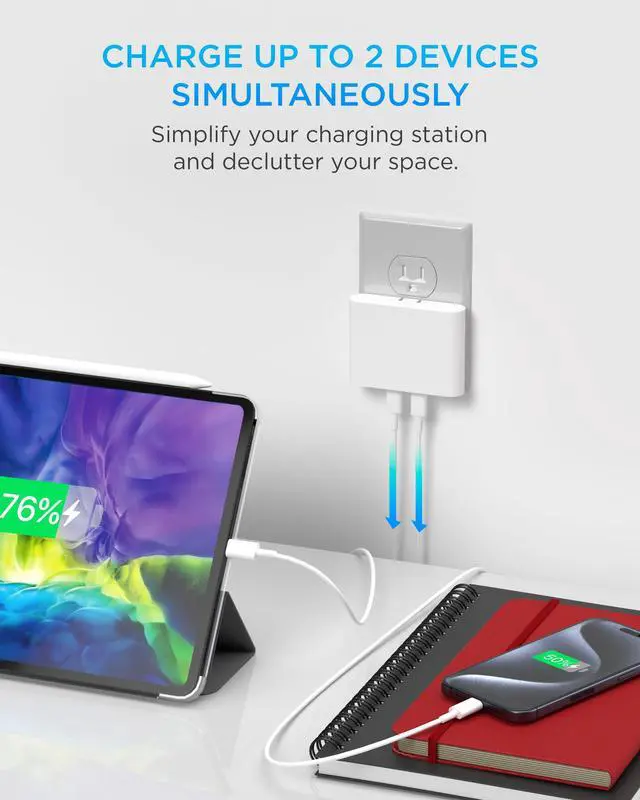 Alt view image 2 of 7 - iHome Multiport 40W USB-C Charger, AC Pro 2-Port Flat Block, Dual Fast Charging Wall Adapter