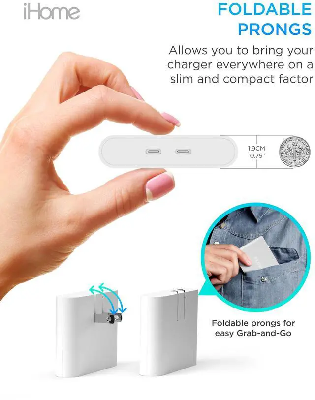 Alt view image 5 of 7 - iHome Multiport 40W USB-C Charger, AC Pro 2-Port Flat Block, Dual Fast Charging Wall Adapter