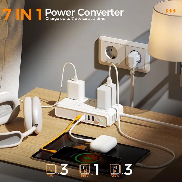 Alt view image 3 of 7 - 220V to 110V Voltage Converter, TESSAN Universal Travel Adapter with 4 USB Charger (1 USB C), 3 AC Sockets and EU/UK/AU/IT Plug Power Adaptor, Step Down Transformer Outlet Converters for International