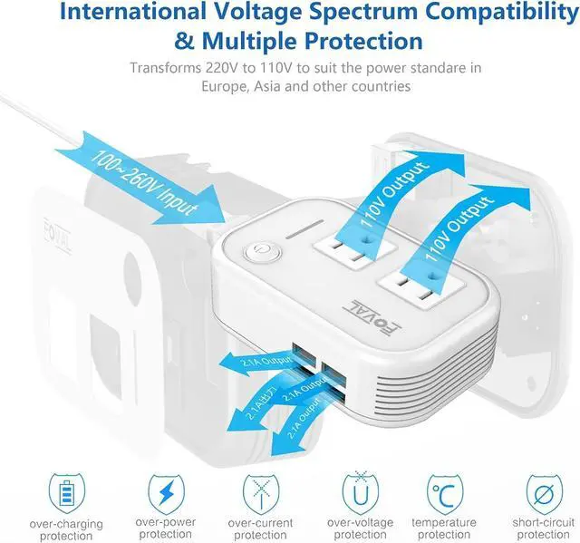 Alt view image 5 of 7 - FOVAL Power Step Down 220V to 110V Travel Voltage Converter International Power Adapter for Hair Straightener/Curling Iron with 4-Port USB Charging US/UK/AU/EU Universal Plug Adapter (White)