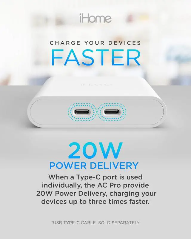 Alt view image 6 of 7 - iHome Multiport 40W USB-C Charger, AC Pro 2-Port Flat Block, Dual Fast Charging Wall Adapter