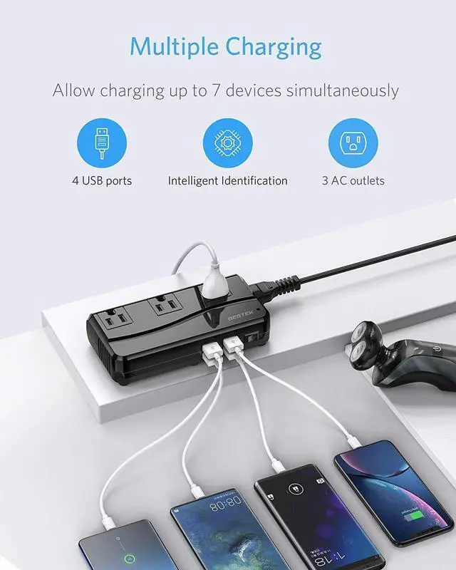 Alt view image 4 of 7 - BESTEK Universal Travel Adapter 100-220V to 110V Voltage Converter 250W with 6A 4-Port USB Charging 3 AC Sockets and EU/UK/AU/US/India Worldwide Plug Adapter (Black)