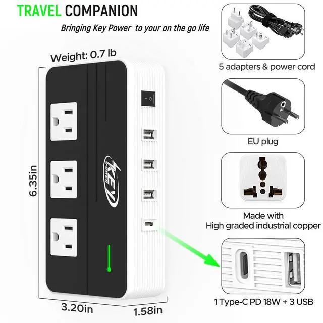 Alt view image 7 of 7 - Key Power 230-Watt Step Down 220V to 110V Voltage Converter & International Travel Adapter/Power Converter with USB-C Port 18W - [Use for USA Appliance Overseas in Europe, AU, UK, Ireland, etc.]