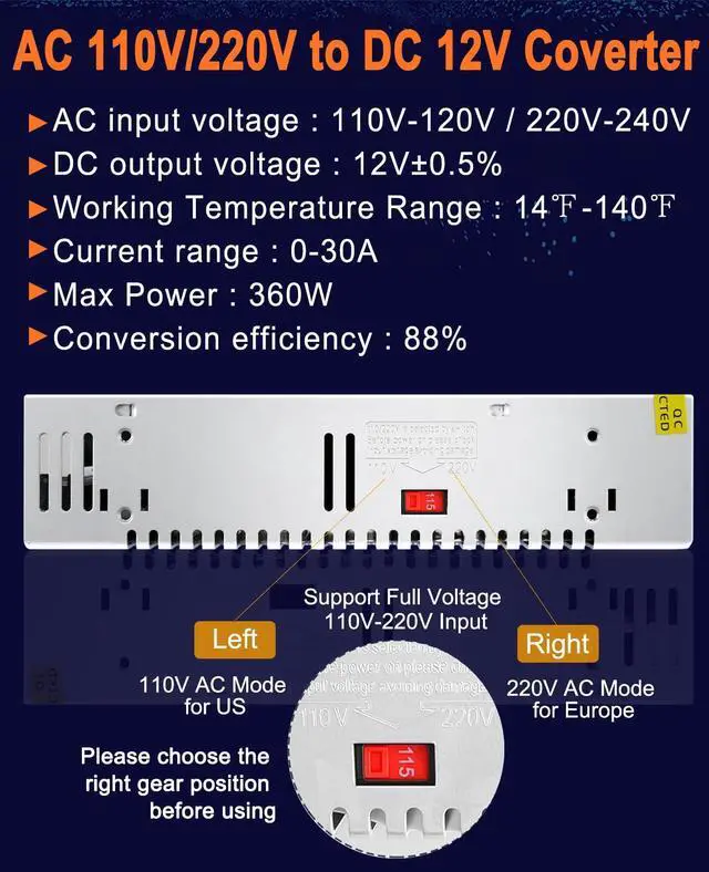 Alt view image 2 of 7 - KEHIPI DC 12V 30A Power Supply 360W Universal Regulated Switching AC to DC Converter AC 110V/220V (SMPS) Transformer Driver Adapter for LED Strip Light, CCTV Camera Security System, Radio, Computer