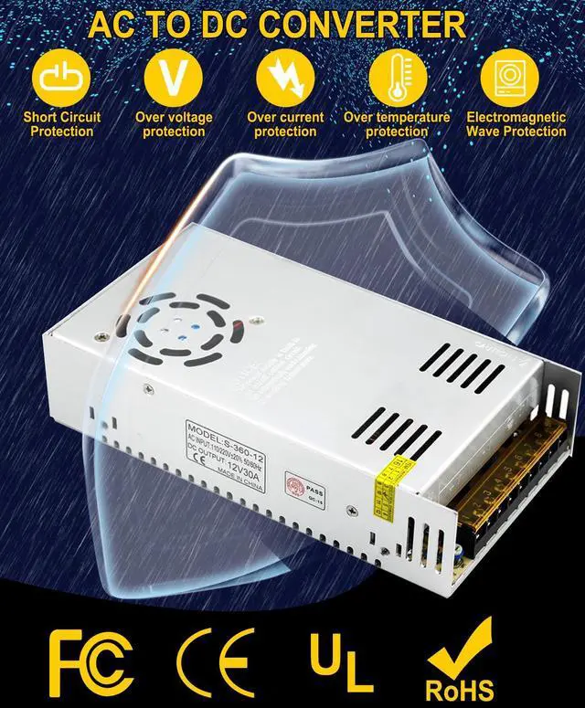 Alt view image 5 of 7 - KEHIPI DC 12V 30A Power Supply 360W Universal Regulated Switching AC to DC Converter AC 110V/220V (SMPS) Transformer Driver Adapter for LED Strip Light, CCTV Camera Security System, Radio, Computer