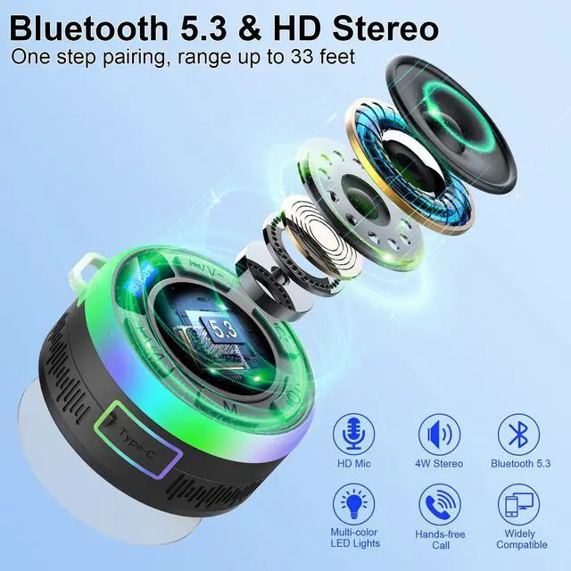 Alt view image 2 of 7 - Bluetooth Shower Speaker, Portable Bluetooth Speakers IP7 Waterproof with Suction Cup and Time Display, Wireless Speaker with LED Lights,1100mAh, Stereo Pairing, Bathroom Beach for Kayak/Outdoor