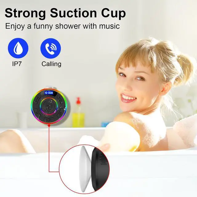 Alt view image 3 of 7 - Bluetooth Shower Speaker, Portable Bluetooth Speakers IP7 Waterproof with Suction Cup and Time Display, Wireless Speaker with LED Lights,1100mAh, Stereo Pairing, Bathroom Beach for Kayak/Outdoor