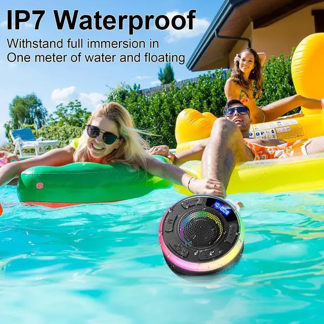 Alt view image 6 of 7 - Bluetooth Shower Speaker, Portable Bluetooth Speakers IP7 Waterproof with Suction Cup and Time Display, Wireless Speaker with LED Lights,1100mAh, Stereo Pairing, Bathroom Beach for Kayak/Outdoor