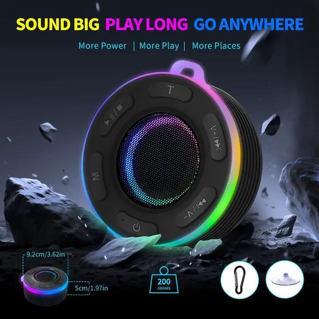 Alt view image 4 of 7 - Portable Bluetooth Shower Speaker with Led Light,Waterproof Speaker Loud Sound Built-in Mic Hands,Free Suction Cup&Hook,small Shower speakers for outdoor,Beach,Camping,Kitchen,Kayak,Gifts for unisex