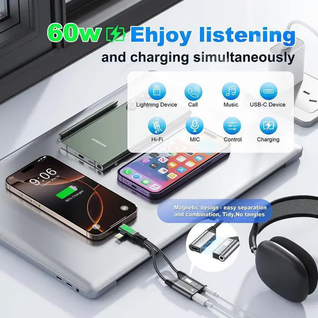 Alt view image 2 of 5 - Magnetic USB C & Lightning to 3.5mm Headphone and Charger Adapter Apple iPhone Aux Audio Jack Hi-Res DAC and 60W USB-C Fast Charging Dongle Cable for iPhone 16/15/14/13,Galaxy, Pixel 9, Pad Pro/Air